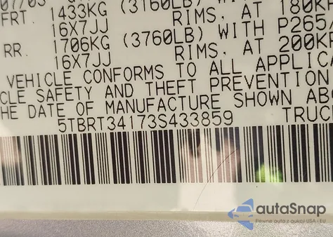 2003 Toyota Tundra Sr5 V8 z USA, uszkodzony, nr VIN 5TBRT34173S433859